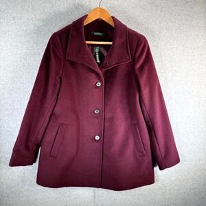 Lauren Ralph Lauren Wool Button Down Coat Womens Medium Wine Long Sleeve Pockets